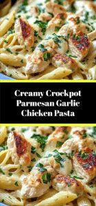 Creamy Crockpot Parmesan Garlic Chicken Pasta