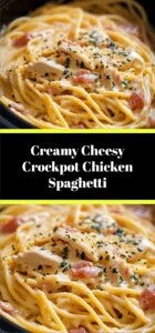 Creamy Cheesy Crockpot Chicken Spaghetti